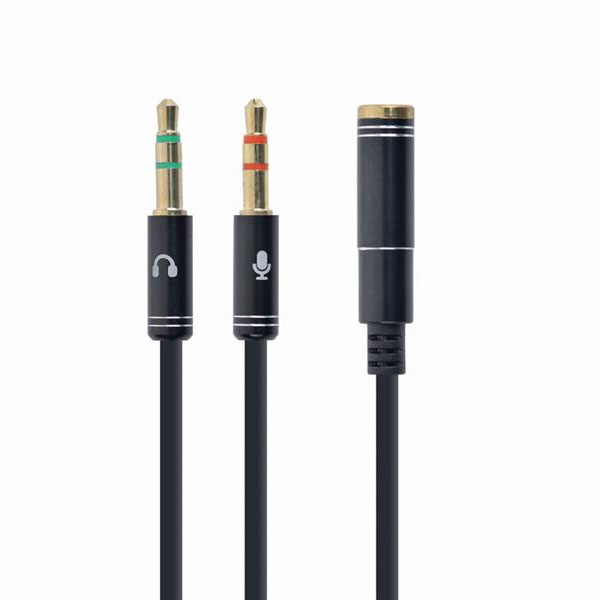3.5 mm stereo + microfoon naar 4-pins 2x 3.5 mm adapterkabel, zwart, metalen connectoren